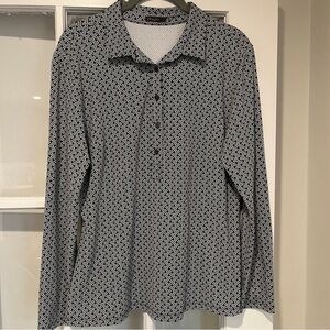J McLaughlin Black White Geometric Long Sleeve Popover Buttons Shirt Blouse L